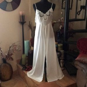Sexy Feminine White Front Slit Sweeping Long Maxi Nightgown Slip Dress Lingerie